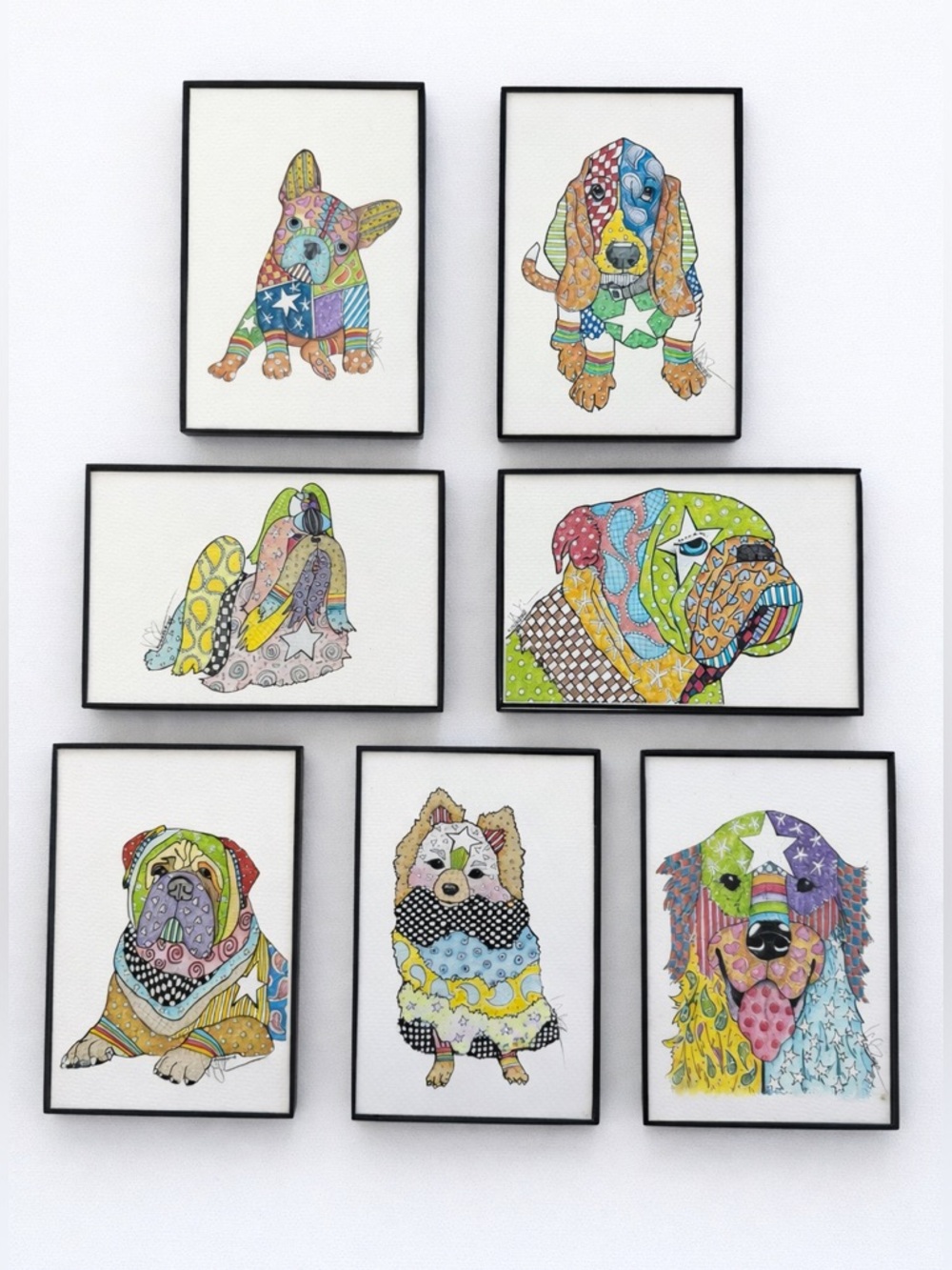 Pop Art Dogs Signed Prints multi-color 7 piece set 4” x 6” each